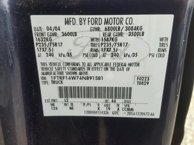 1FTRF14W74NB91581 - 2004 FORD F150 BLUE photo 10