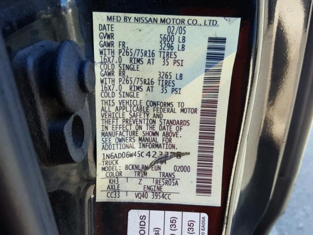 1N6AD06W45C423378 - 2005 NISSAN FRONTIER K BLACK photo 10