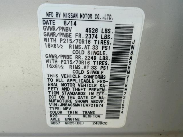 JN8AS5MV1EW721874 - 2014 NISSAN ROGUE SELE GRAY photo 10