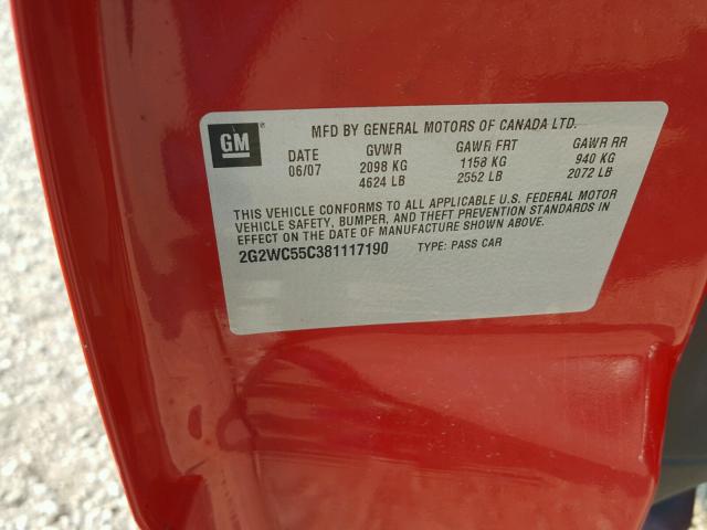 2G2WC55C381117190 - 2008 PONTIAC GRAND PRIX RED photo 10