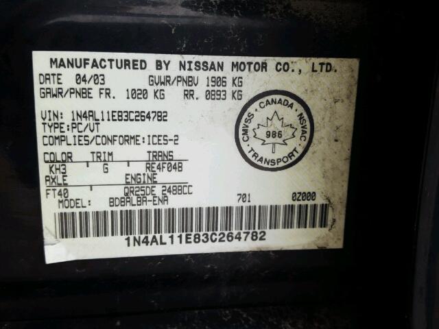 1N4AL11E83C264782 - 2003 NISSAN ALTIMA BAS BLACK photo 10