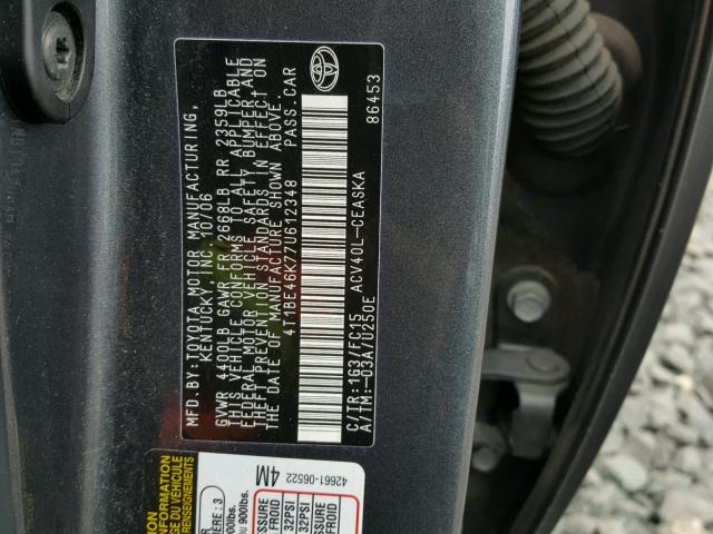 4T1BE46K77U612348 - 2007 TOYOTA CAMRY NEW GRAY photo 10