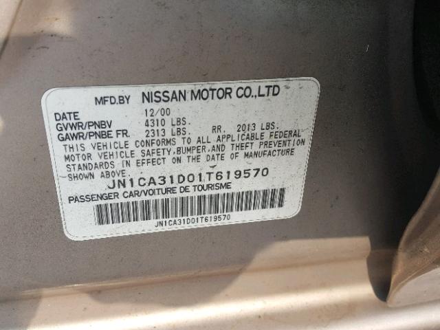 JN1CA31D01T619570 - 2001 NISSAN MAXIMA GXE GRAY photo 10