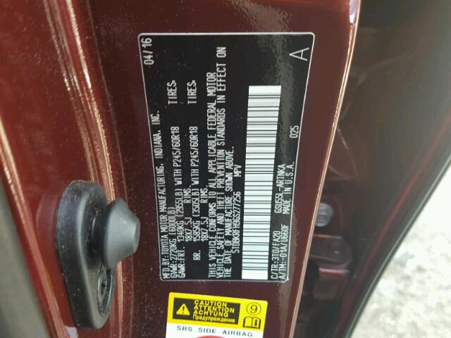 5TDBKRFH9GS277256 - 2016 TOYOTA HIGHLANDER MAROON photo 10