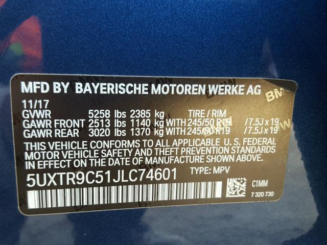 5UXTR9C51JLC74601 - 2018 BMW X3 XDRIVEM BLUE photo 10