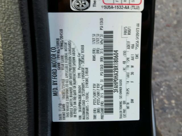 3FAHP0HA2BR180604 - 2011 FORD FUSION BLACK photo 10