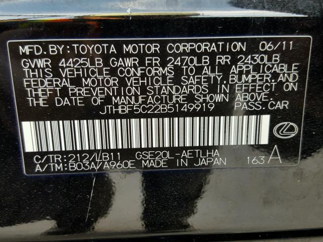 JTHBF5C22B5149919 - 2011 LEXUS IS 250 BLACK photo 10