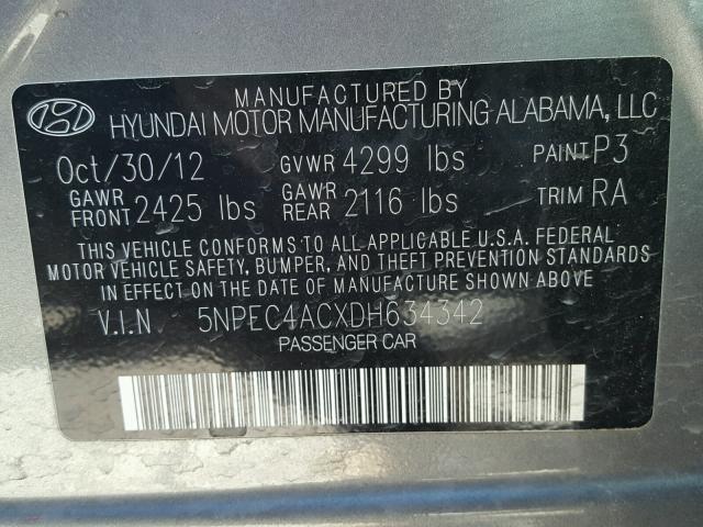 5NPEC4ACXDH634342 - 2013 HYUNDAI SONATA GRAY photo 10