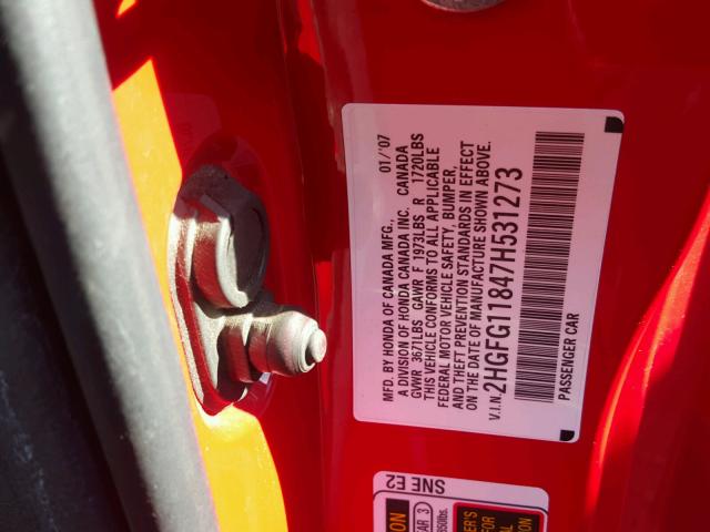 2HGFG11847H531273 - 2007 HONDA CIVIC EX RED photo 10