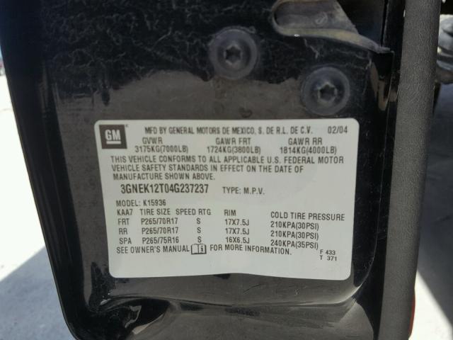 3GNEK12T04G237237 - 2004 CHEVROLET AVALANCHE BLACK photo 10