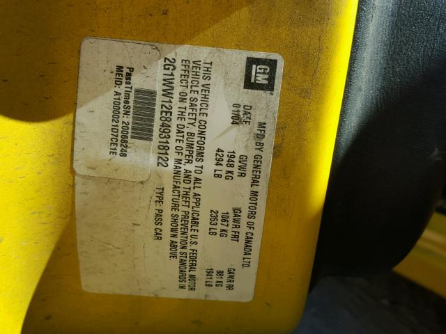 2G1WW12E849318122 - 2004 CHEVROLET MONTE CARL 黄色 照片 10