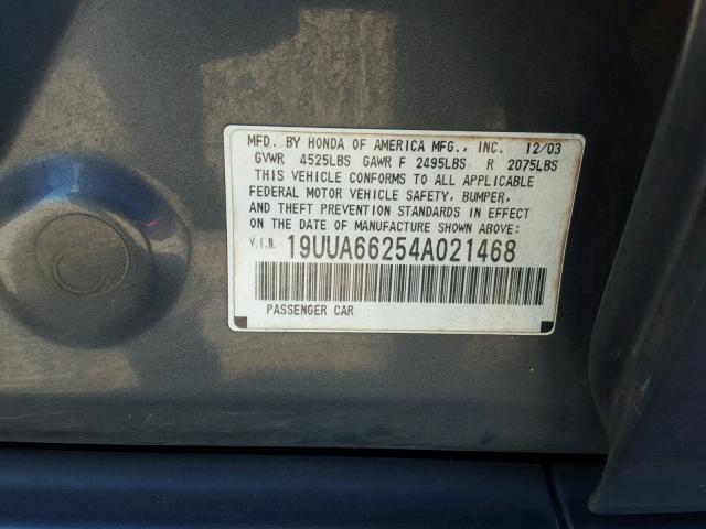 19UUA66254A021468 - 2004 ACURA TL GRAY photo 10