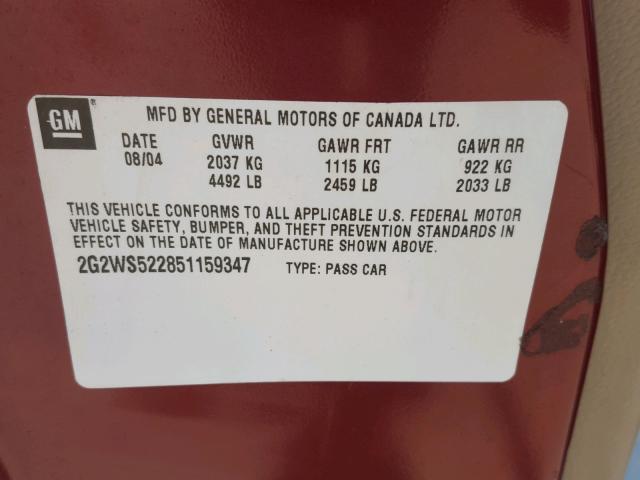 2G2WS522851159347 - 2005 PONTIAC GRAND PRIX RED photo 10