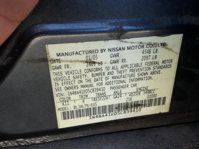 1N4BA41E05C839410 - 2005 NISSAN MAXIMA BLACK photo 10