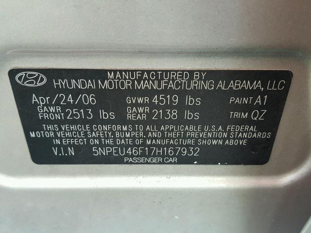 5NPEU46F17H167932 - 2007 HYUNDAI SONATA TAN photo 10