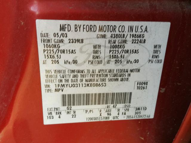 1FMYU03113KE08653 - 2003 FORD ESCAPE RED photo 10