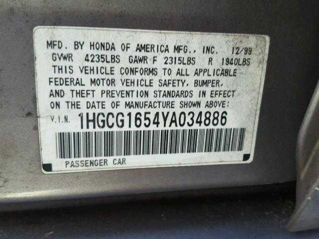 1HGCG1654YA034886 - 2000 HONDA ACCORD SILVER photo 10