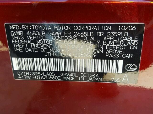 JTHBJ46G472060829 - 2007 LEXUS ES 350 MAROON photo 10