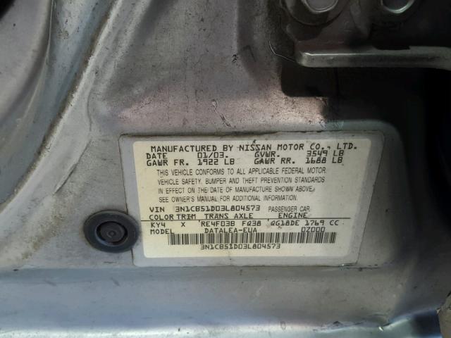 3N1CB51D03L804573 - 2003 NISSAN SENTRA SILVER photo 10