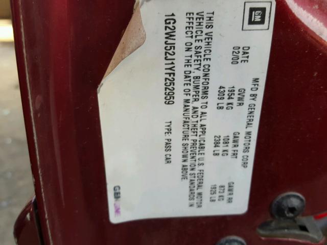 1G2WJ52J1YF252959 - 2000 PONTIAC GRAND PRIX მუქწითელი ფოტო 10