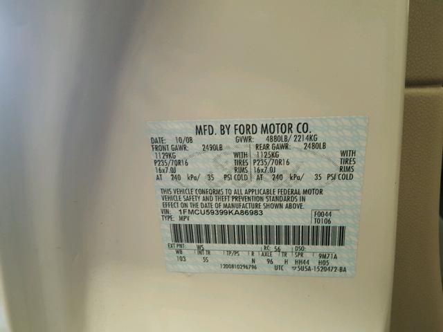 1FMCU59399KA86983 - 2009 FORD ESCAPE HYB WHITE photo 10