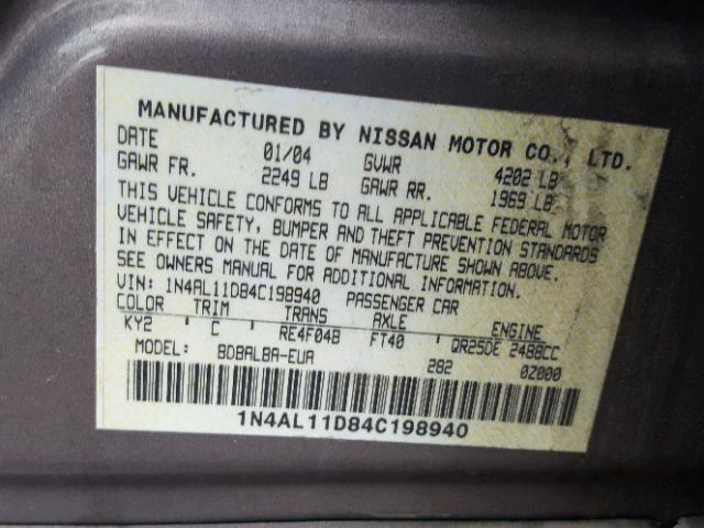 1N4AL11D84C198940 - 2004 NISSAN ALTIMA BAS TAN photo 10