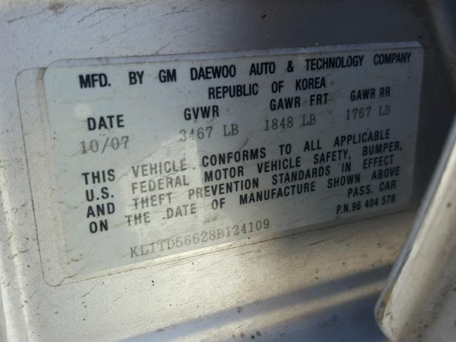 KL1TD56628B124109 - 2008 CHEVROLET AVEO BASE Gümüş fotoğraf 10
