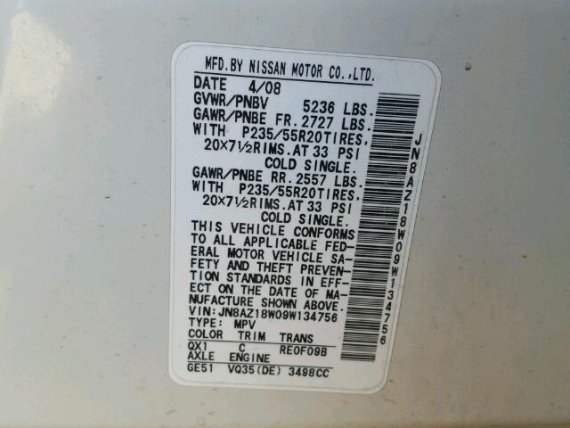 JN8AZ18W09W134756 - 2009 NISSAN MURANO S WHITE photo 10