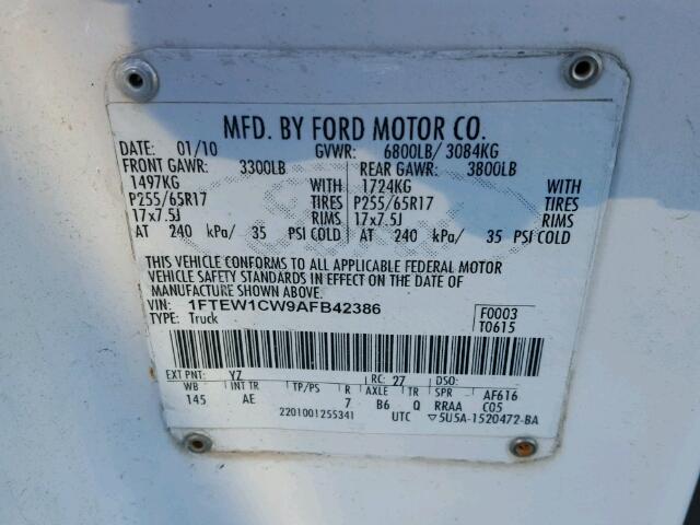 1FTEW1CW9AFB42386 - 2010 FORD F150 SUPER WHITE photo 10