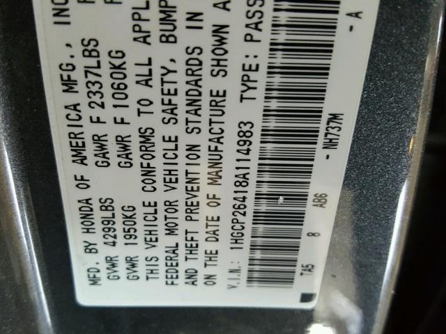 1HGCP26418A114983 - 2008 HONDA ACCORD GRAY photo 10