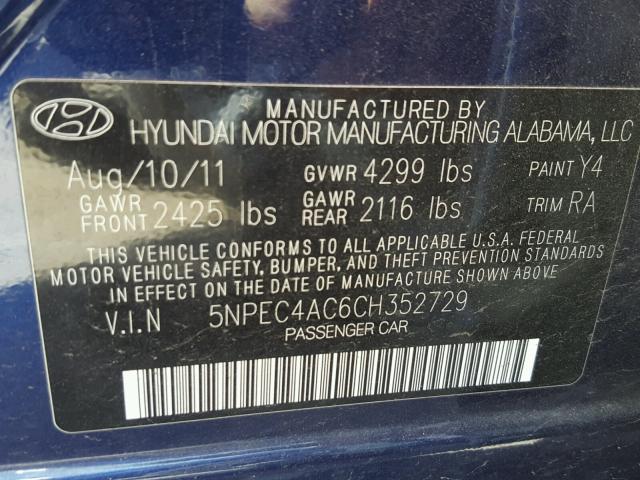 5NPEC4AC6CH352729 - 2012 HYUNDAI SONATA BLUE photo 10