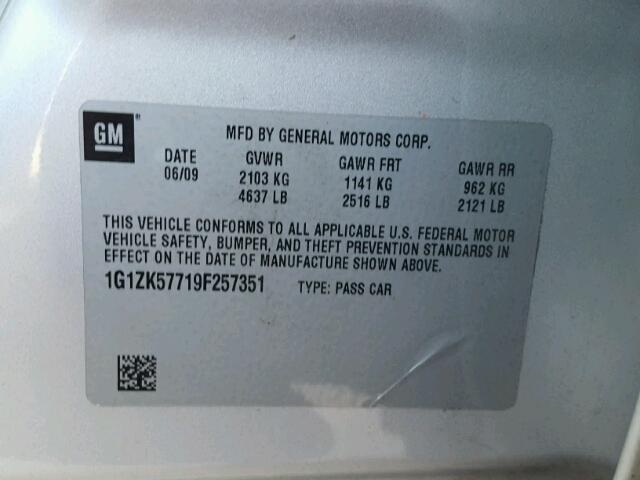 1G1ZK57719F257351 - 2009 CHEVROLET MALIBU LTZ 银色 照片 10