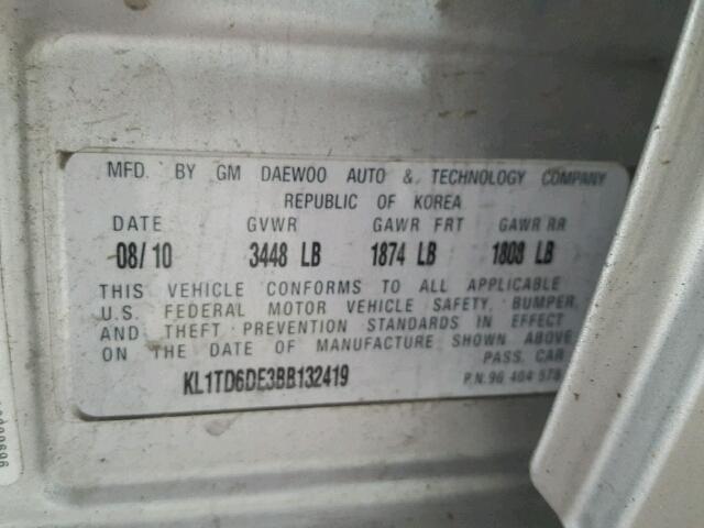 KL1TD6DE3BB132419 - 2011 CHEVROLET AVEO LS SILVER photo 10