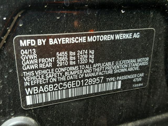 WBA6B2C56ED128957 - 2014 BMW 650 BLACK photo 10