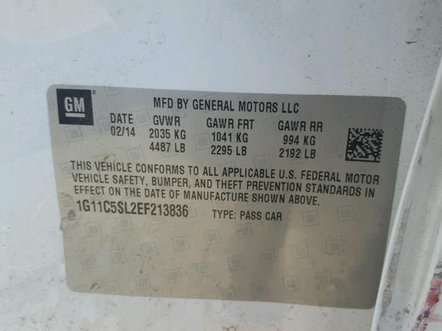 1G11C5SL2EF213836 - 2014 CHEVROLET MALIBU 1LT თეთრი ფოტო 10