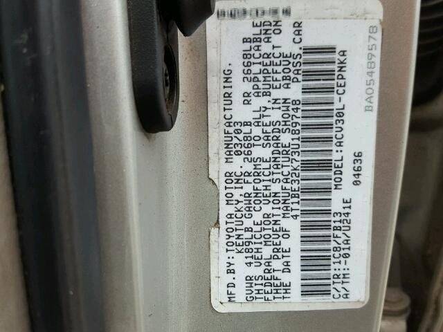 4T1BE32K73U189748 - 2003 TOYOTA CAMRY LE GRAY photo 10