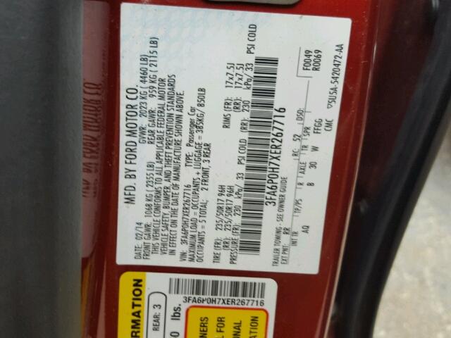 3FA6P0H7XER267716 - 2014 FORD FUSION SE RED photo 10