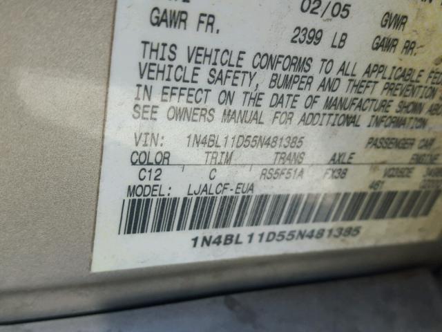 1N4BL11D55N481385 - 2005 NISSAN ALTIMA SE GOLD photo 10