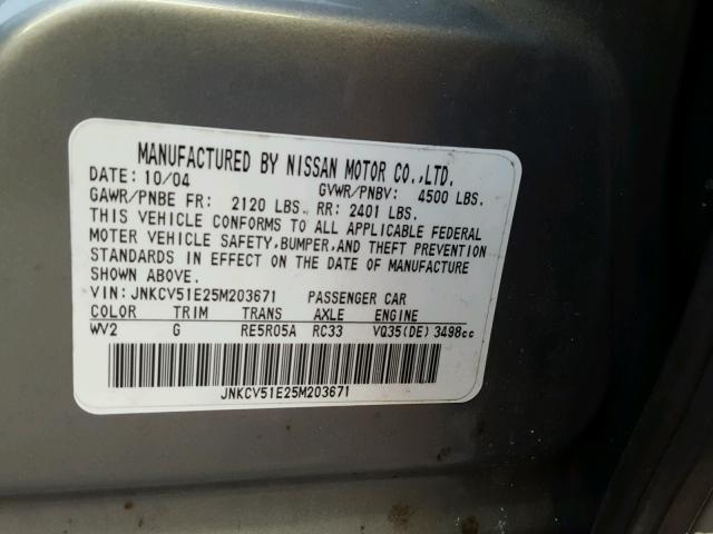 JNKCV51E25M203671 - 2005 INFINITI G35 GRAY photo 10