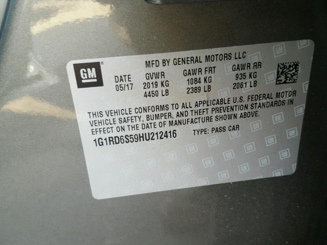 1G1RD6S59HU212416 - 2017 CHEVROLET VOLT PREMI GRAY photo 10