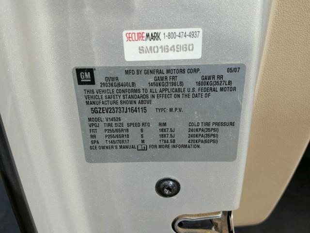 5GZEV23737J164115 - 2007 SATURN OUTLOOK XR ბეჟი ფოტო 10