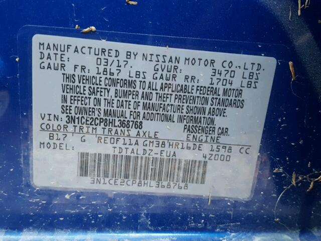 3N1CE2CP8HL368768 - 2017 NISSAN VERSA NOTE BLUE photo 10