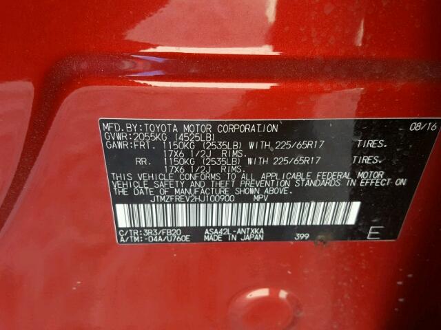 JTMZFREV2HJ100900 - 2017 TOYOTA RAV4 LE Կարմիր լուսանկար 10