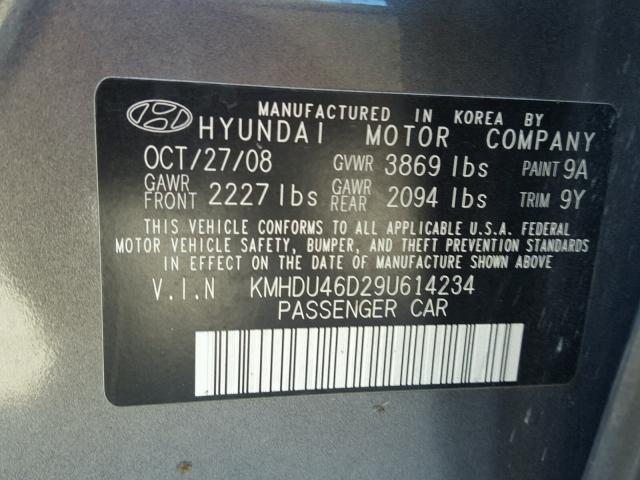 KMHDU46D29U614234 - 2009 HYUNDAI ELANTRA GRAY photo 10