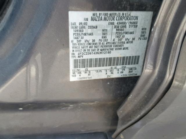 4F2CZ06143KM13180 - 2003 MAZDA TRIBUTE ES GRAY photo 10