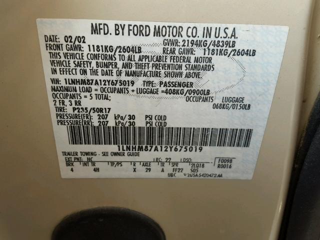 1LNHM87A12Y675019 - 2002 LINCOLN LS 奶油色 照片 10