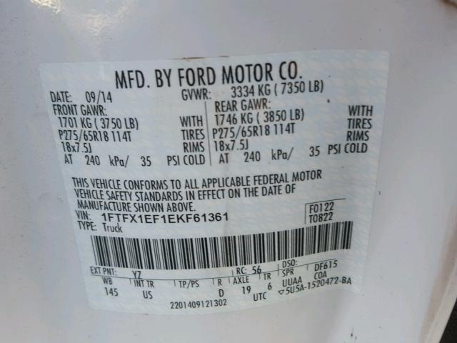 1FTFX1EF1EKF61361 - 2014 FORD F150 SUPER WHITE photo 10