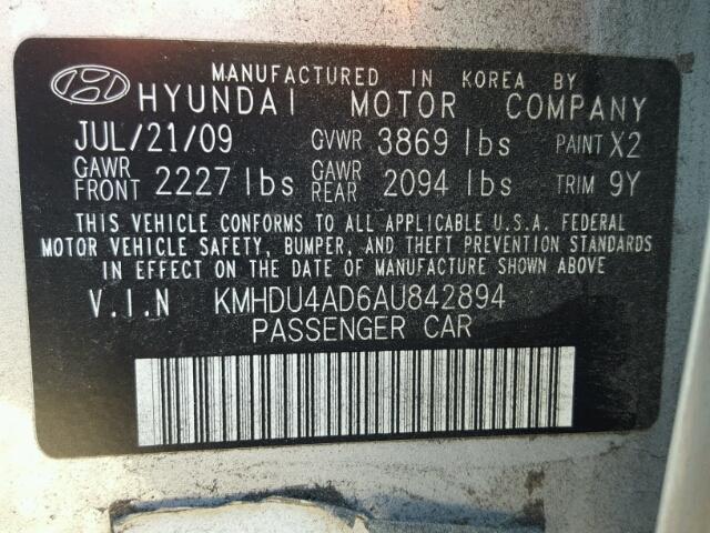 KMHDU4AD6AU842894 - 2010 HYUNDAI ELANTRA BL SILVER photo 10