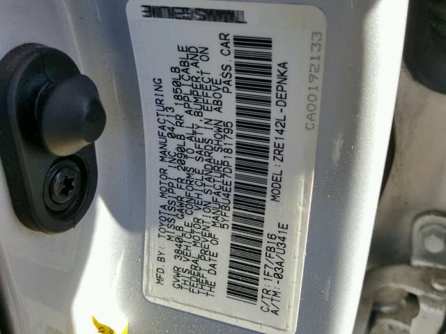 5YFBU4EE7DP181795 - 2013 TOYOTA COROLLA BA SILVER photo 10