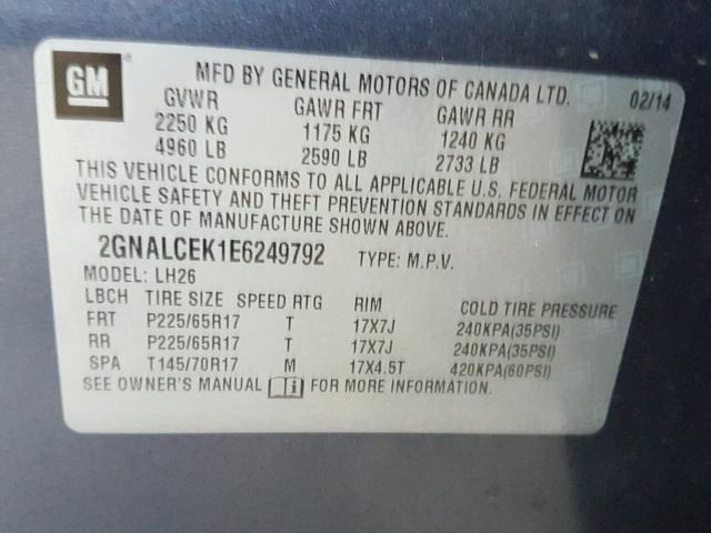 2GNALCEK1E6249792 - 2014 CHEVROLET EQUINOX LT GRAY photo 10